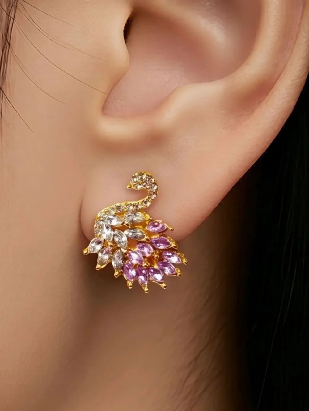 Swan Stud Earrings Amethyst CZ Gold Dainty Rhinestone Elegant Vintage Jewelry